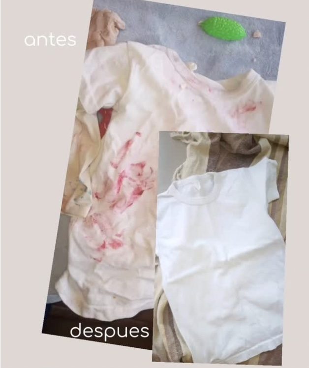 Ropa de bebé con manchas rojas antes, blanca después