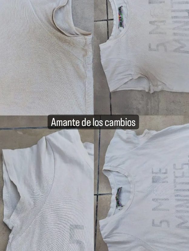 Camiseta blanca con manchas de transpiración antes, blanca después