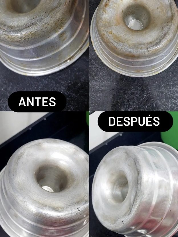 Olla de aluminio con grasa y sarro antes, brillante después
